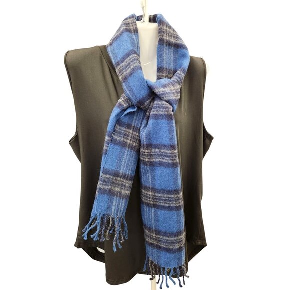 100% Baby Alpaca Wool Scarf Blue Plaid Design Fringed Edges - Picture 11 of 11